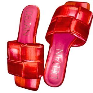 Deltan Ariel Woven Satin Flat Sandals Slides Ladies Size 6.5M Red Pink Plaid